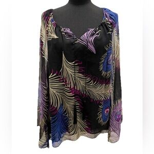 Single 100% Silk Multicolor Lined Blouse, Sheer Sleeves, Tassels, Medium